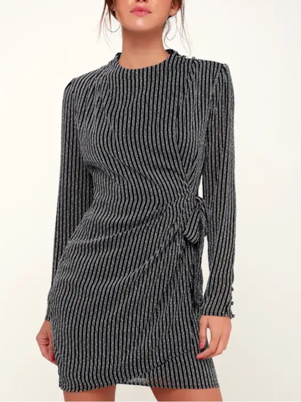 NWT ASTR the Label Jolene Black Striped Long Sleeve Wrap Dress